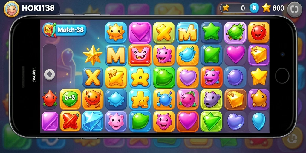 Tampilan screenshot HOKI138 menampilkan gameplay Match-3 yang seru dan penuh warna.