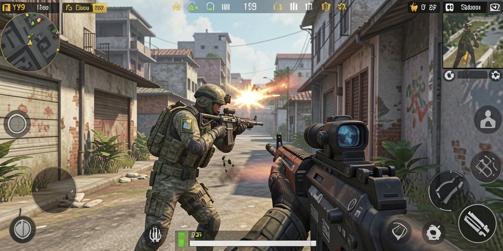 Screenshot gameplay Y89 menampilkan aksi menembak yang intens dan mendebarkan.